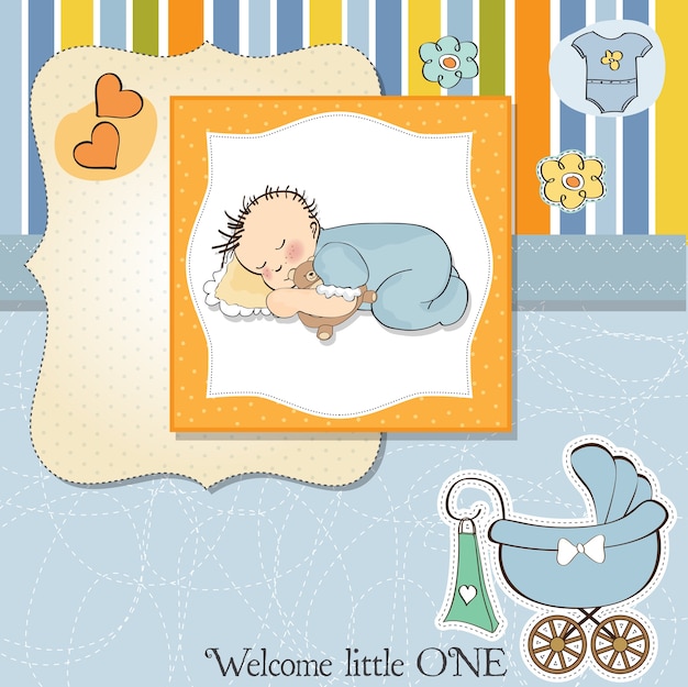 De kaart van de babydouche met de slaap van de weinig babyjongen