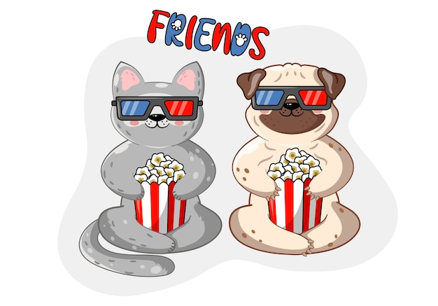 De kat en de mopshond eten popcorn