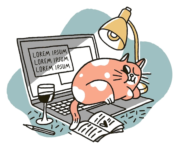 Vector de kat ligt op de laptop onder de lamp