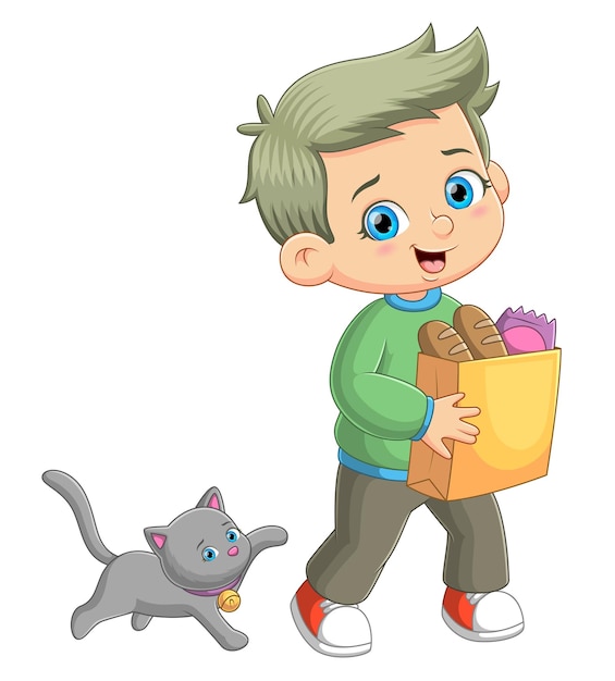 De kat rent met jonge jongen houdt de boodschappentas vast