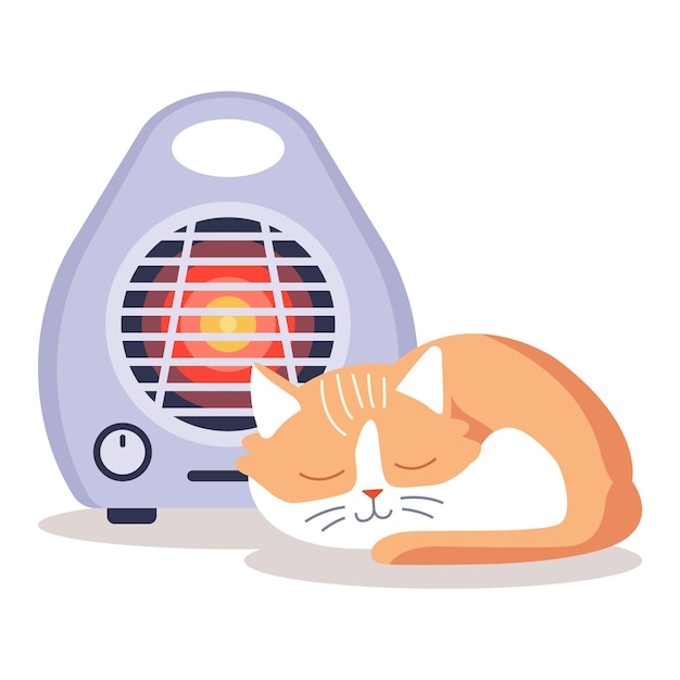 De kat verwarmt zich naast de verwarmer platte vector illustratie