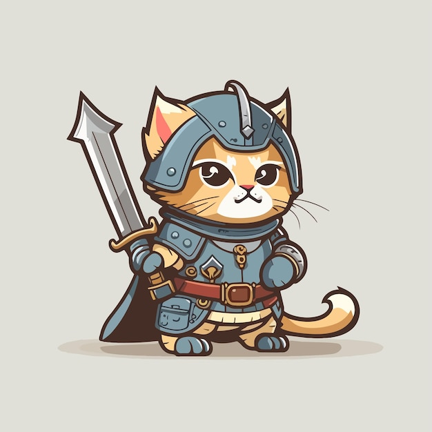 De kattenkoning draagt een ridderuniform als een plat cartoonontwerp van een held