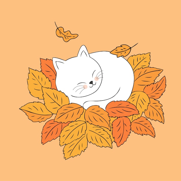 De kattenslaap van de beeldverhaal leuke herfst op bladerenvector.