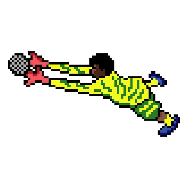 De keeper van de voetballer vangt de bal met pixelart.