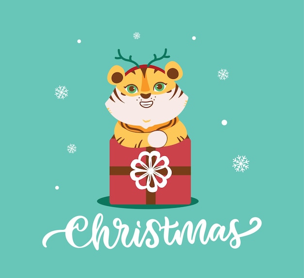 De kerstkaart met tijger het wilde dier met cadeau en sneeuw is goed voor vakantieontwerpen