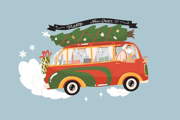 De kerstman draagt een kerstboom en cadeaus voor Kerstmis en Nieuwjaar in een minibus Groet vakantiekaart Levering van geschenken koerier Vlakke stijl in vectorillustratie