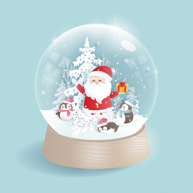 Vector de kerstman en de leuke pinguïn in een sneeuwbol voor kerstkaart