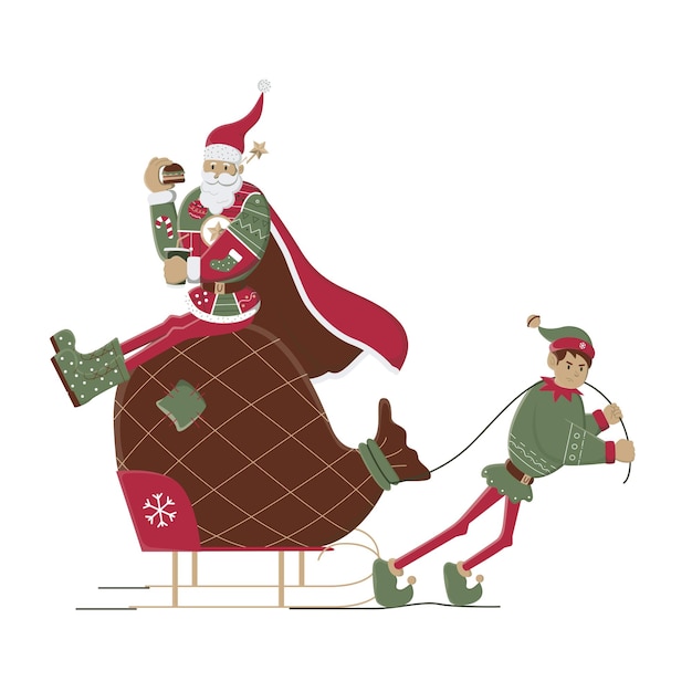 De kerstman helpt de elf om een zak met geschenken te dragen