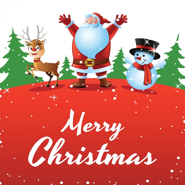 De kerstman, het hert en de sneeuwman zijn gelukkig met Kerstmisfestival, rood kaartconcept