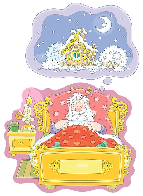 De kerstman ligt in zijn oude bed, slaapt en ziet een fantastische droom over een winters sprookjesland