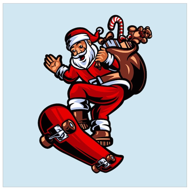 de kerstman rijdt op een skateboard en brengt cadeautjes mee