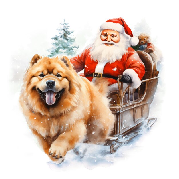 Vector de kerstman rijdt op een slee met een chow chow