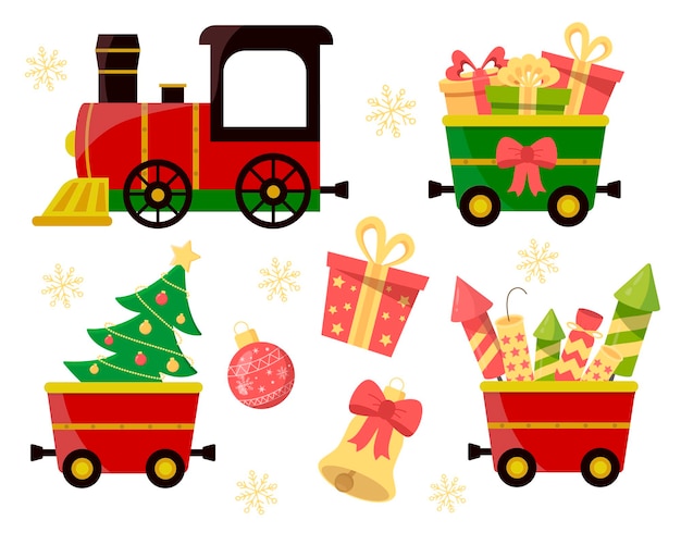 De kersttrein en wagons met cadeautjes en vuurwerk