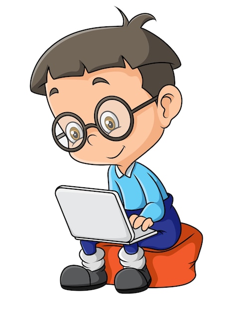 De kleine jongen studeert en leert met de laptop van illustratie