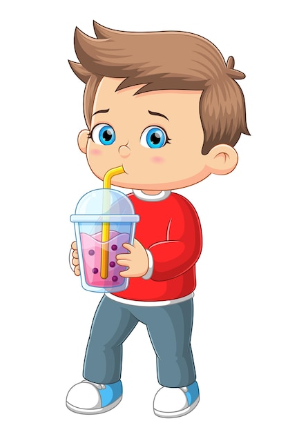 De knappe jongen heeft dorst en hij drinkt een grote aardbei-boba-drank