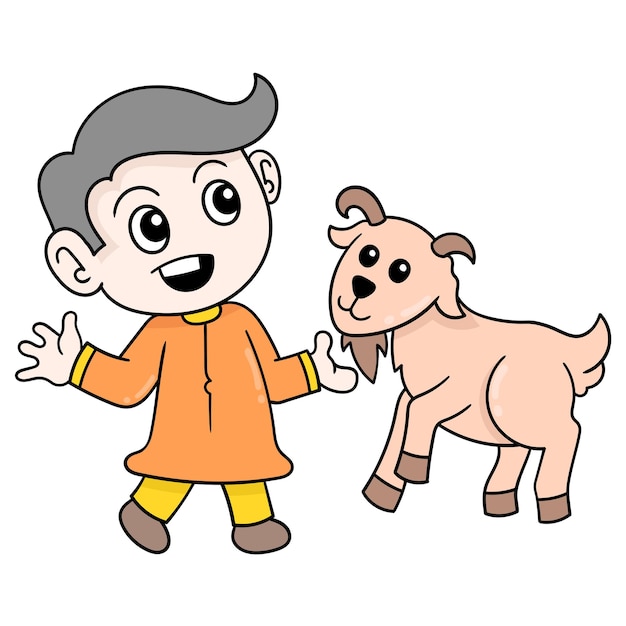 De knappe jongen speelt met zijn huisdierengeit, vectorillustratieart. doodle pictogram afbeelding kawaii.