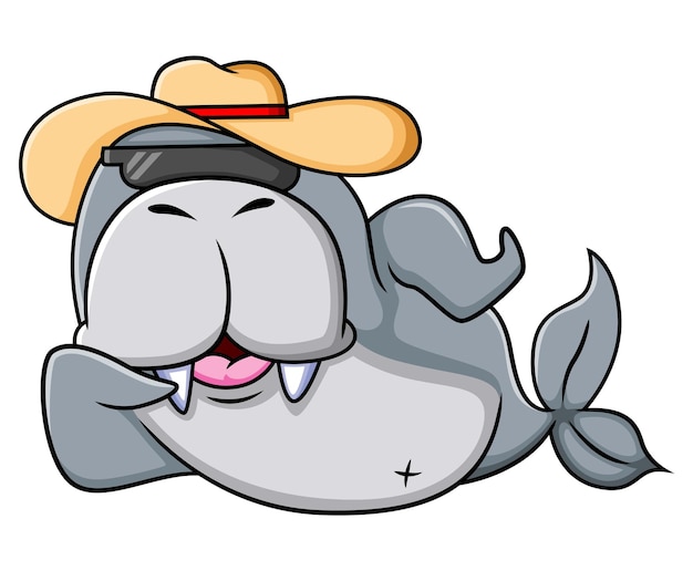 De koele walrus ligt op het strand en draagt de zonnebril en strohoed