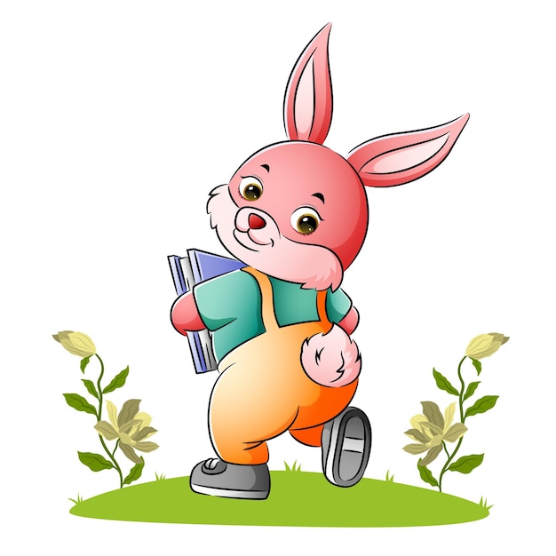 De konijnenstudent houdt een illustratieboek vast