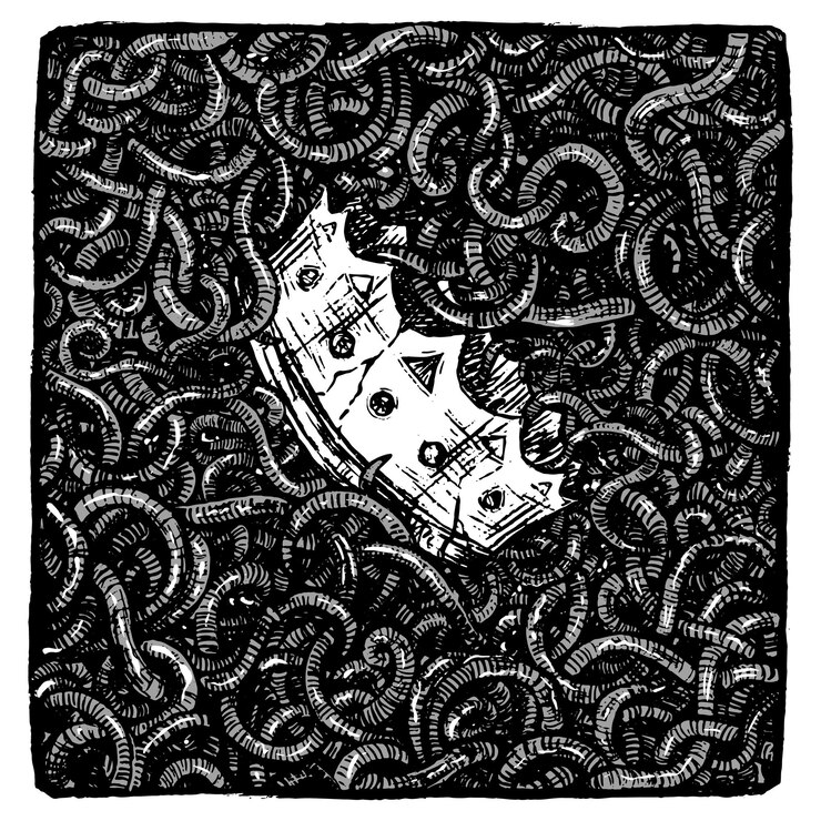 Vector de kroon is omgeven door wormen ego concept monochroom hand getrokken vectorillustratie abstracte grafische afbeelding geïsoleerd op wit artistieke print op vintage stijl