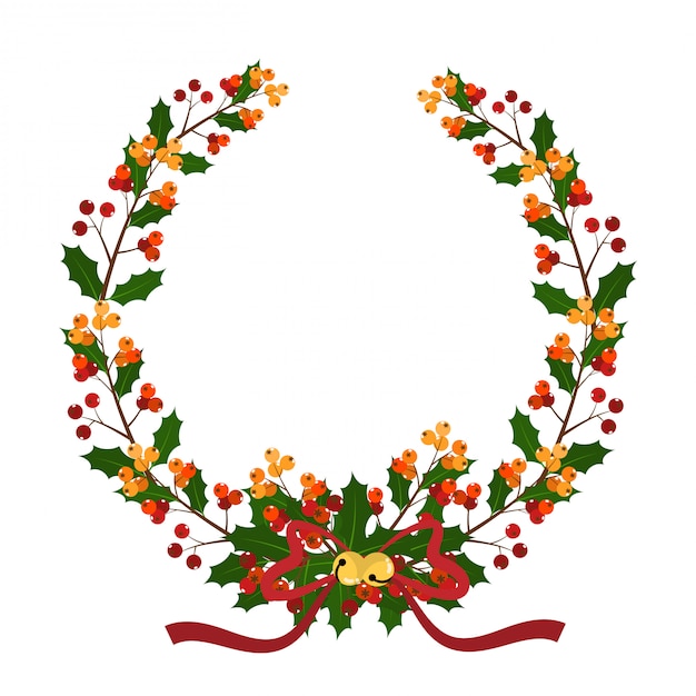 Vector de kroon van kerstmis versierd met hulsttak en lint.