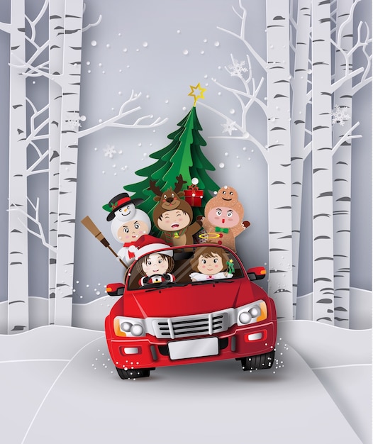 De kunst van het document van vrolijke kerstmis en de winter met kinderen op rode auto.