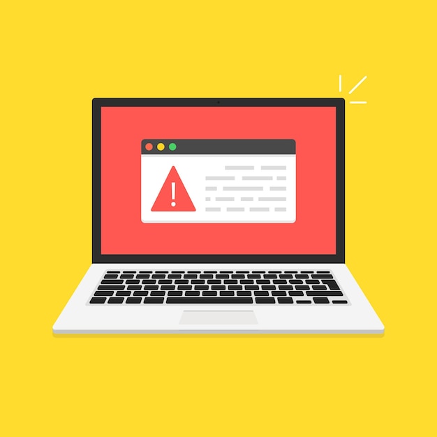 De laptop is gehackt. Foutmelding op computerscherm. Concept van virus, piraterij, hacking en beveiliging. Vector illustratie.
