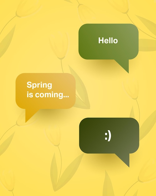 De lente komt eraan. Vector achtergrond, briefkaart. Dialoog over de lente met een smiley. Ontwerp trendy