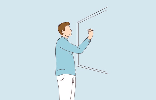 De leraar legt de les uit met behulp van het schoolbord Leraar vectorillustratie