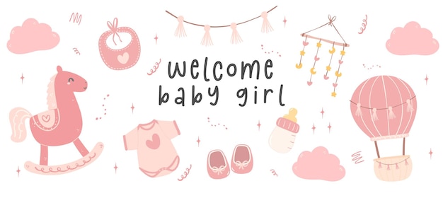 Vector de leuke douche van het babymeisje in roze welkom babymeisje met schattige pasgeboren accessoirescartoon