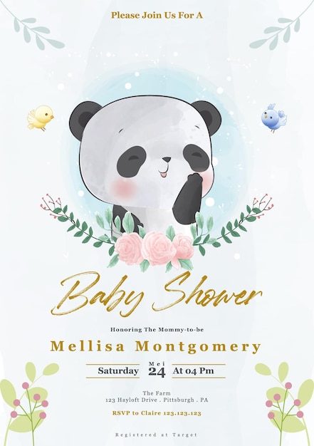 Vector de leuke uitnodiging van het baby shower van de panda met het ontwerp van het waterverfgroen
