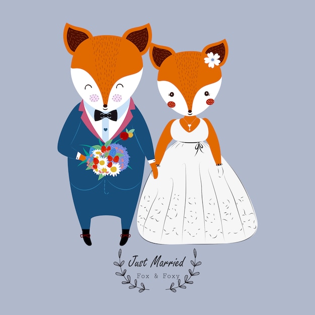 De leuke vos van het huwelijkspaar in huwelijkskleding en bloemboeket