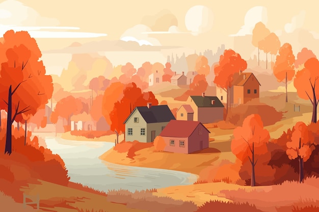 De levendige Illustratie van het de Winterdorp van Kustdorp met Levendige Oranje en Witte Kleurenschema