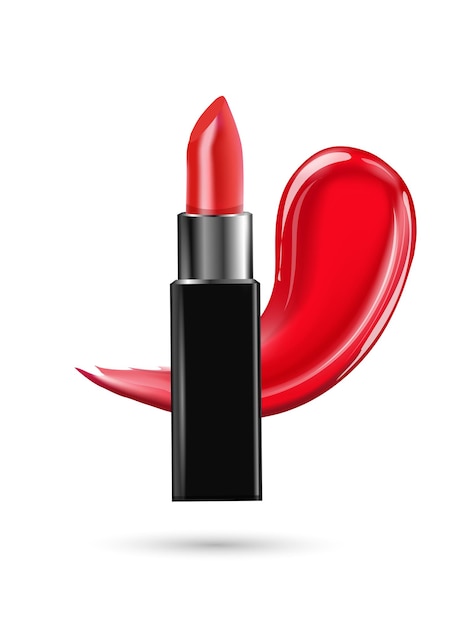 De lippenstift is rood tegen de achtergrond van een uitstrijkje van rode lippenstift3d vectorillustratie geïsoleerd