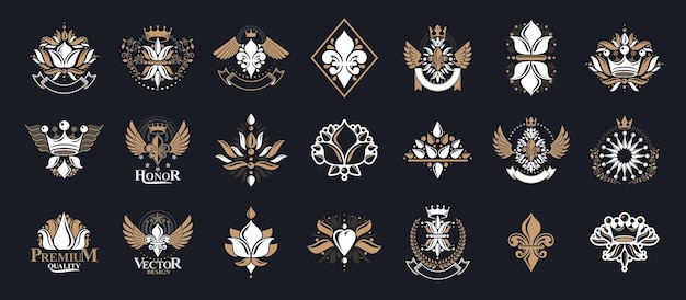 De Lis vintage heraldic emblems vector big set antique heraldry symbolic badges and awards collection with lily flower symbol classic style design elements family emblems