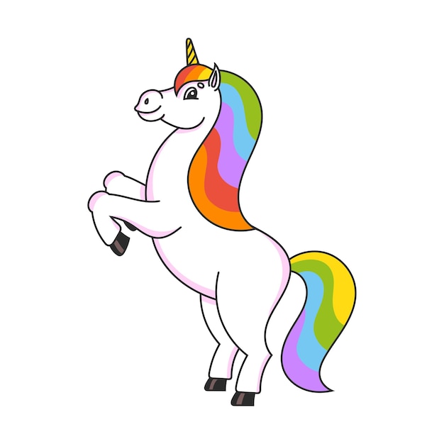 De magische eenhoorn grootgebracht Het dierlijke paard staat op zijn achterpoten Cartoon-stijl Eenvoudige platte vectorillustratie
