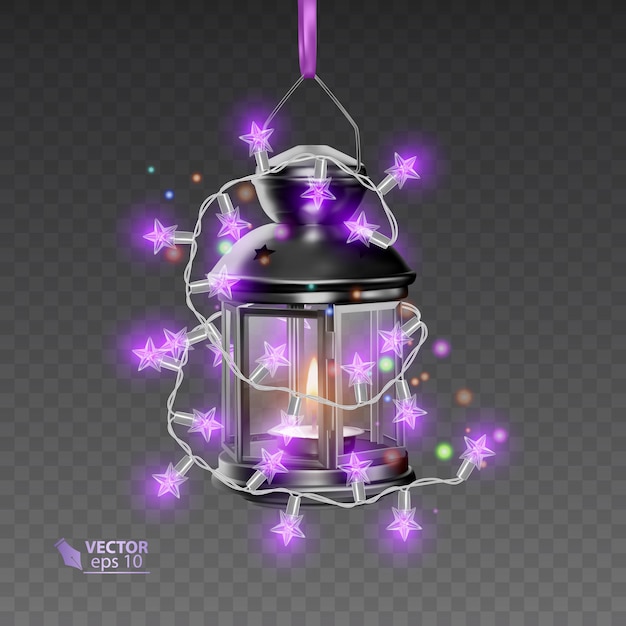 De magische lamp van zwarte kleur, omgeven door lichtgevende slingers, realistische lamp op transparante achtergrond, illustratie