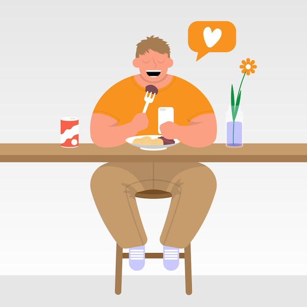 De man aan de cafétafel kijkt naar de telefoon en eet platte vectorillustratie