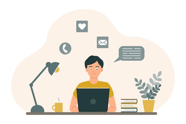 De man aan het bureau kijkt naar het scherm van de laptop concept van online leren communicatie door video