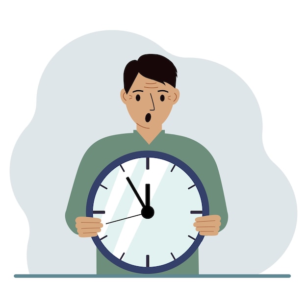 De man houdt een grote klok in zijn handen Time management planning organisatie van werktijd effectieve zakelijke deadline