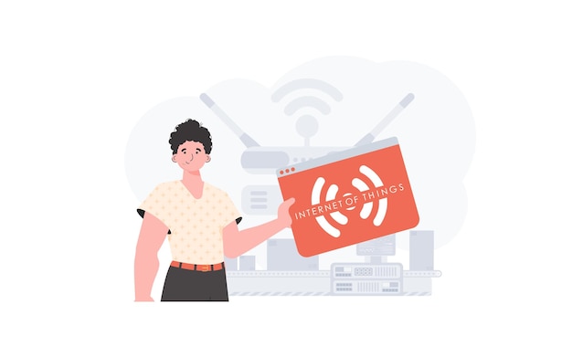 De man houdt een pictogram van een internetding in zijn handen IoT-concept Goed voor websites en presentaties Vector illustratie in vlakke stijl