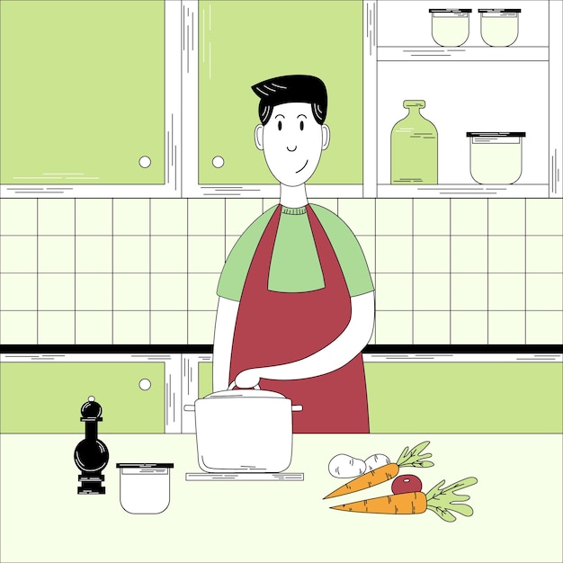 De man kookt in de keuken. keuken interieur. platte cartoon doodle vector.