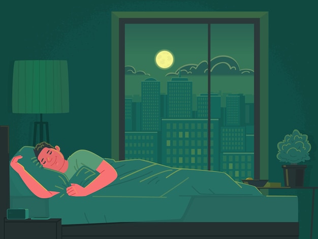 Vector de man slaapt 's nachts in bed. gezond slapen in een grote stad. vectorillustratie in vlakke stijl