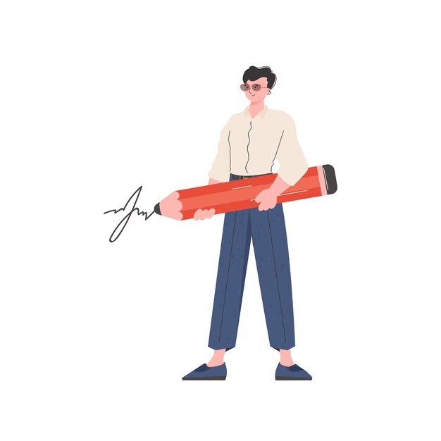 De man staat op zijn volle lengte en houdt een groot potlood in zijn handen Geïsoleerde Element voor presentatie Vector illustratie