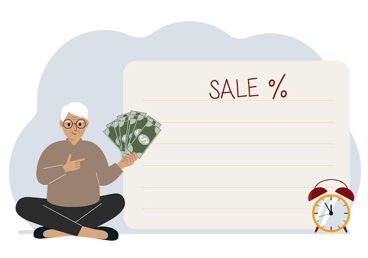 Vector de mannen zitten in kleermakerszit en hebben veel contant geld in de buurt is een poster met de tekst sale en een procentteken verkoopkorting of black friday-concept