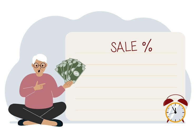 Vector de mannen zitten in kleermakerszit en hebben veel contant geld in de buurt is een poster met de tekst sale en een procentteken verkoopkorting of black friday-concept