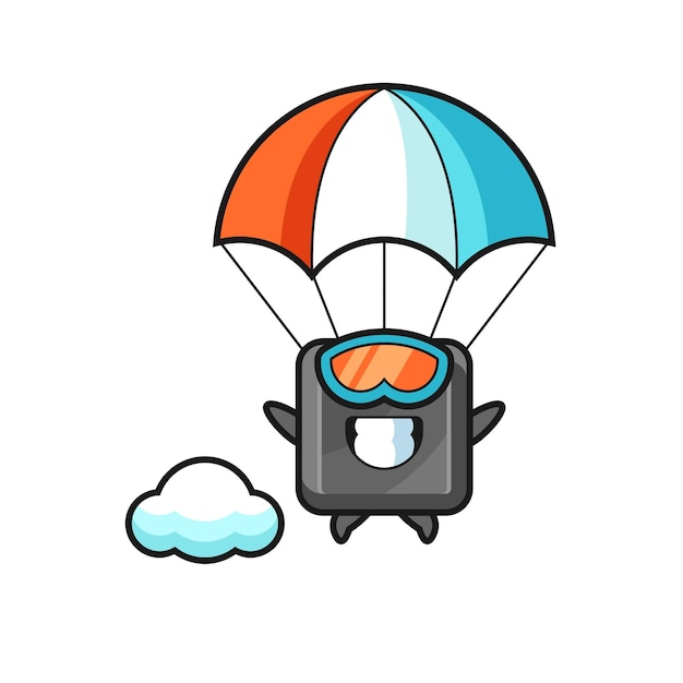 De mascotte cartoon van de toetsenbordknop is parachutespringen met een blij gebaar