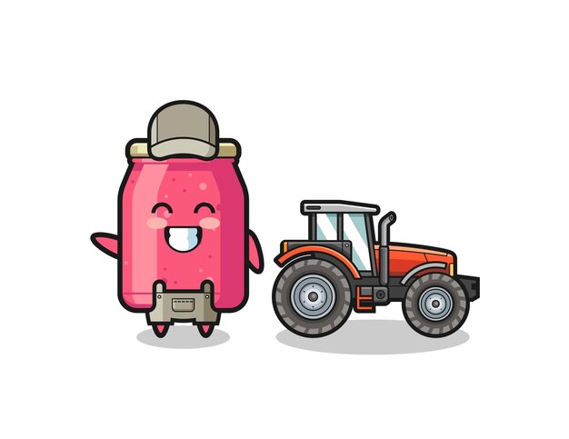 Vector de mascotte van de aardbeienjamboer die naast een tractor staat