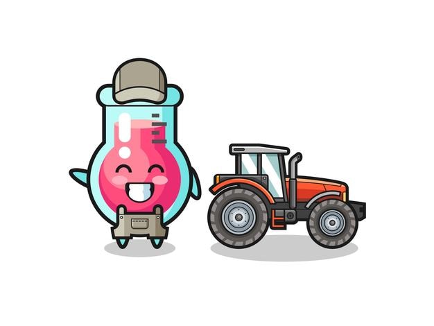 De mascotte van de laboratoriumbekerboer die naast een tractor staat