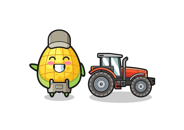 De mascotte van de maïsboer die naast een tractor staat