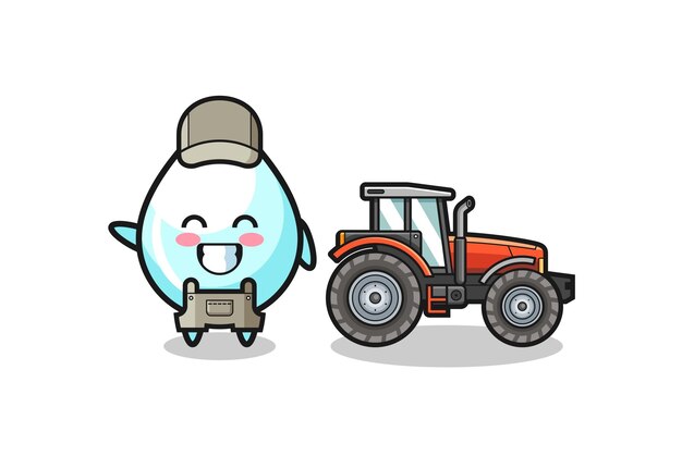 De mascotte van de melkdruppelboer die naast een tractor staat